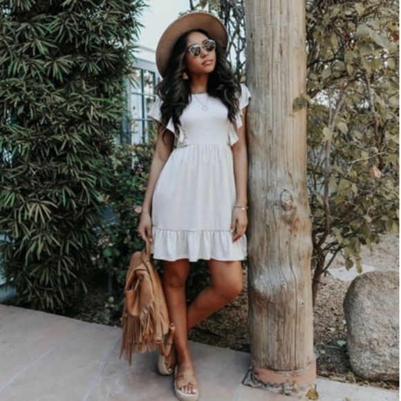 Magnolia Dresses & Skirts - Open Back Ruffle Ribbed Oatmeal Dress